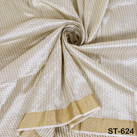 Pure Silk Brocade Fabric by Yard, Ivory Gold Zari Border, Wedding Costume Home Decor