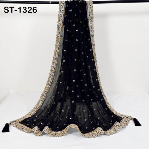 Black Georgette Dupatta with Hand-Beaded Embroidery and Tassels – Bridal Veil Scarf