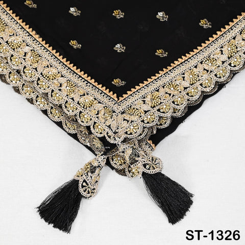Black Georgette Dupatta with Hand-Beaded Embroidery and Tassels – Bridal Veil Scarf