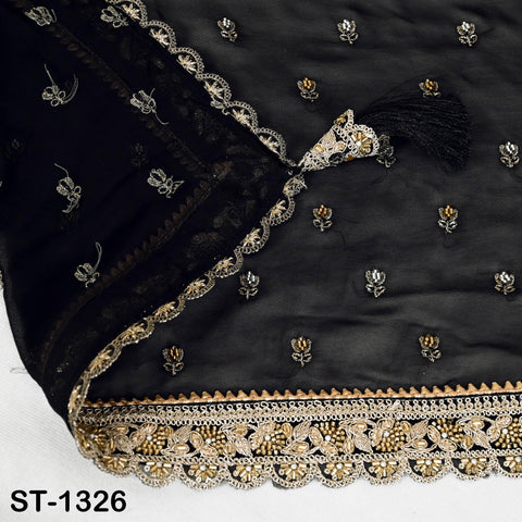 Black Georgette Dupatta with Hand-Beaded Embroidery and Tassels – Bridal Veil Scarf