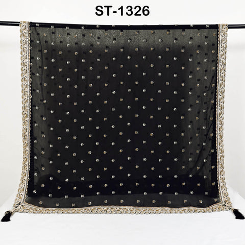Black Georgette Dupatta with Hand-Beaded Embroidery and Tassels – Bridal Veil Scarf