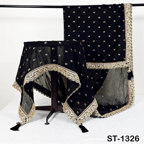 Black Georgette Dupatta with Hand-Beaded Embroidery and Tassels – Bridal Veil Scarf
