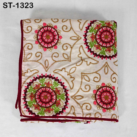 Embroidered Cotton Shawl Dupatta – Beige Designer Wrap with Embroidery Mandala Design for Wedding, Bridal, Partywear