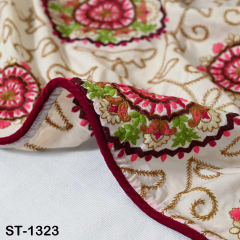 Embroidered Cotton Shawl Dupatta – Beige Designer Wrap with Embroidery Mandala Design for Wedding, Bridal, Partywear
