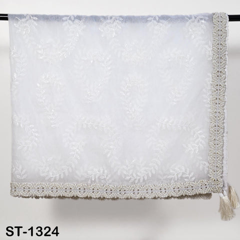 White Organza Dupatta with Faux Pearls, Bridal Wedding Lehenga Chunni Veil