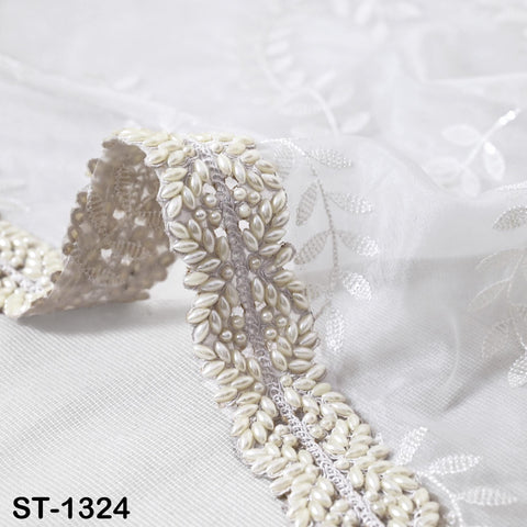 White Organza Dupatta with Faux Pearls, Bridal Wedding Lehenga Chunni Veil