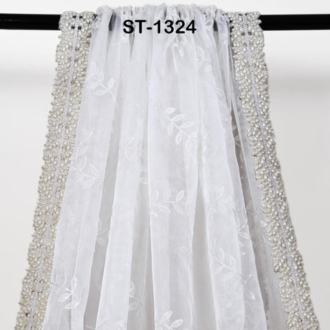 White Organza Dupatta with Faux Pearls, Bridal Wedding Lehenga Chunni Veil