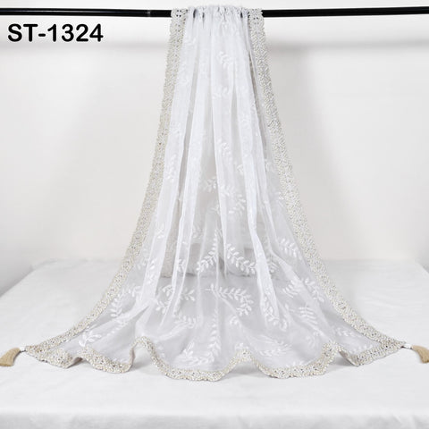 White Organza Dupatta with Faux Pearls, Bridal Wedding Lehenga Chunni Veil