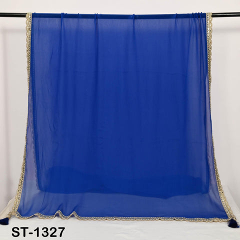 Royal Blue Chiffon Dupatta, Gold Sequins, Mirror Embroidered Border, Bridal Wedding Stole