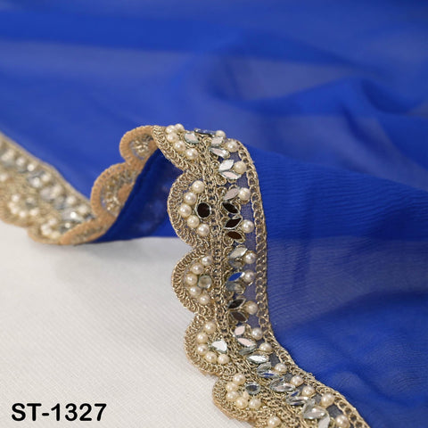 Royal Blue Chiffon Dupatta, Gold Sequins, Mirror Embroidered Border, Bridal Wedding Stole