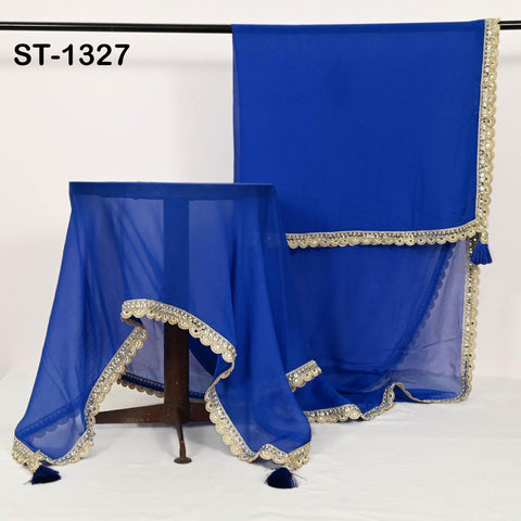 Royal Blue Chiffon Dupatta, Gold Sequins, Mirror Embroidered Border, Bridal Wedding Stole