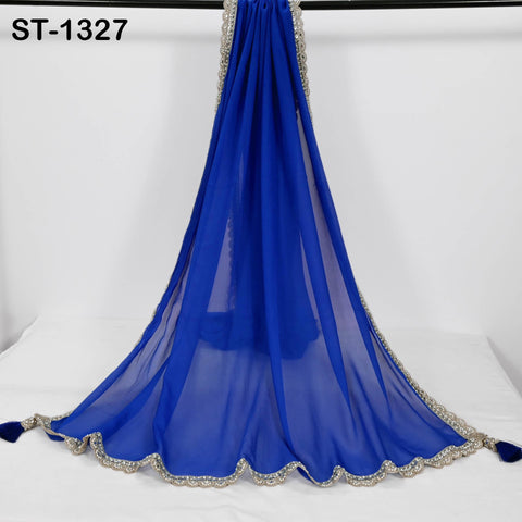 Royal Blue Chiffon Dupatta, Gold Sequins, Mirror Embroidered Border, Bridal Wedding Stole