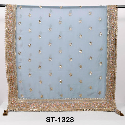 Grey Georgette Dupatta with Gold Sequins, Bridal Wedding Stole, 2.5 Yards