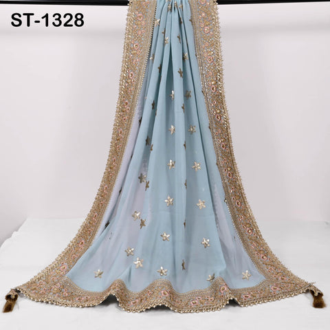 Grey Georgette Dupatta with Gold Sequins, Bridal Wedding Stole, 2.5 Yards