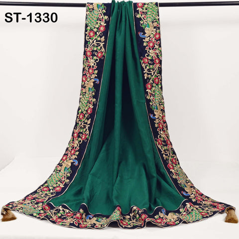 Embroidered Green Silk Dupatta with Peacock Border – Bridal Wedding Chunni Veil