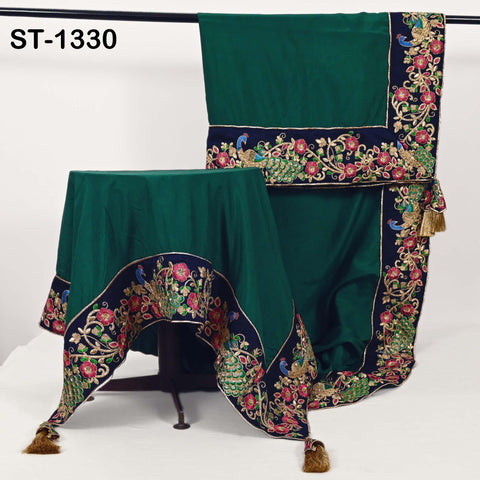 Embroidered Green Silk Dupatta with Peacock Border – Bridal Wedding Chunni Veil