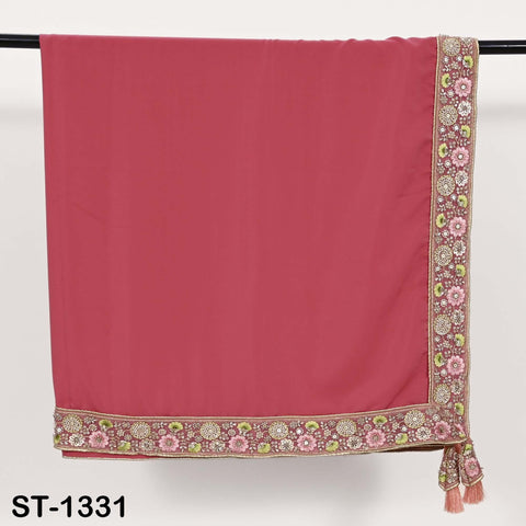 Salmon Red Silk Crepe Dupatta: Embroidered Beaded Border, Bridal Wedding Stole