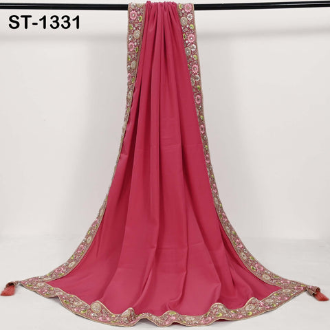 Salmon Red Silk Crepe Dupatta: Embroidered Beaded Border, Bridal Wedding Stole
