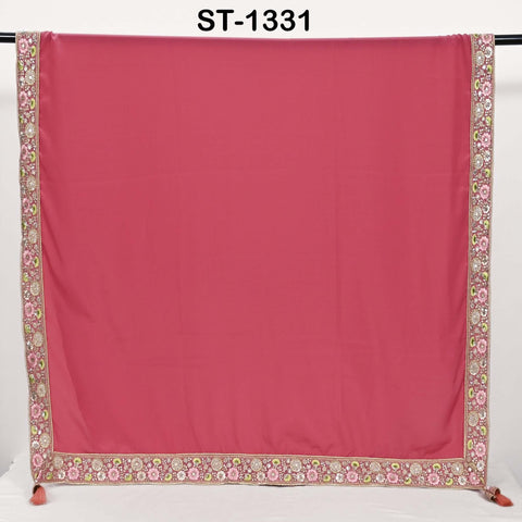 Salmon Red Silk Crepe Dupatta: Embroidered Beaded Border, Bridal Wedding Stole