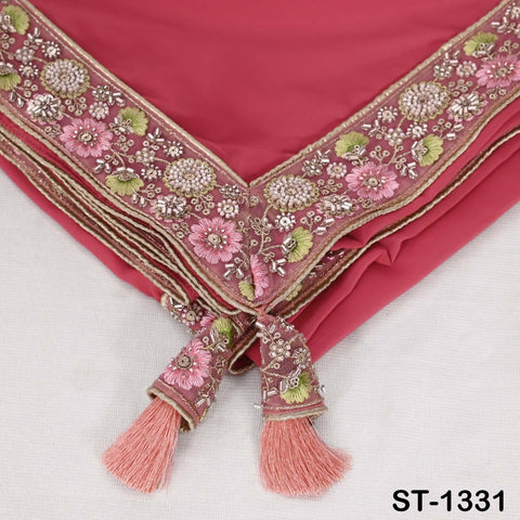 Salmon Red Silk Crepe Dupatta: Embroidered Beaded Border, Bridal Wedding Stole