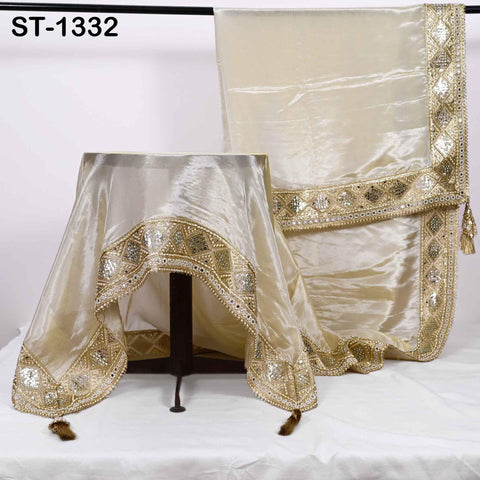 Gold Dupatta Zari Tissue, Mirror, Sequins-Embellished Bridal Veil, Indian Ethnic Scarf