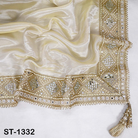Gold Dupatta Zari Tissue, Mirror, Sequins-Embellished Bridal Veil, Indian Ethnic Scarf