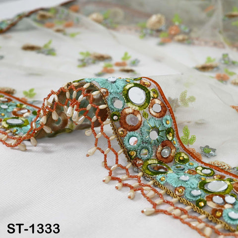 Mint Green Embroidered Net Dupatta, Mirror Bead Trim Stole, Wedding Veil Chunni