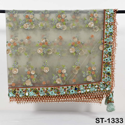 Mint Green Embroidered Net Dupatta, Mirror Bead Trim Stole, Wedding Veil Chunni