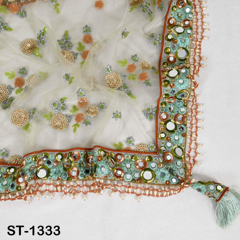 Mint Green Embroidered Net Dupatta, Mirror Bead Trim Stole, Wedding Veil Chunni