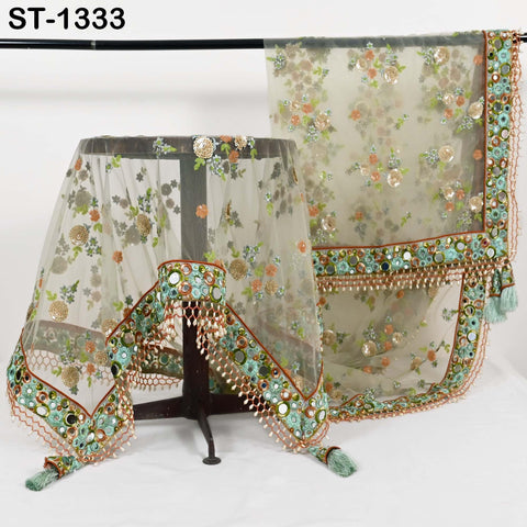 Mint Green Embroidered Net Dupatta, Mirror Bead Trim Stole, Wedding Veil Chunni