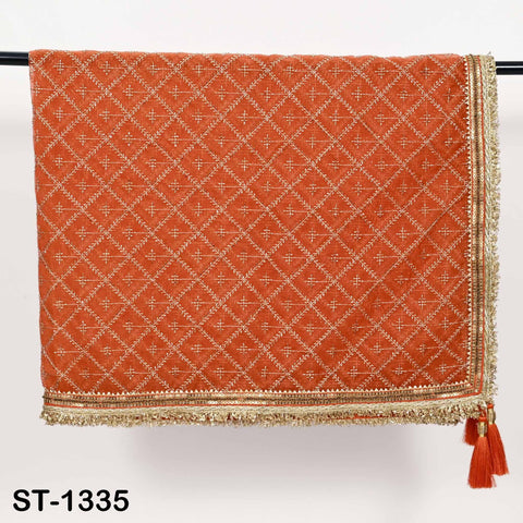 Orange Organza Embroidered Dupatta with Gold Beads, Bridal Wedding Stole Veil