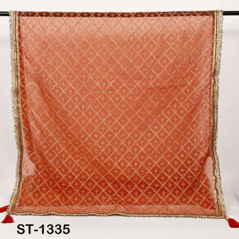 Orange Organza Embroidered Dupatta with Gold Beads, Bridal Wedding Stole Veil