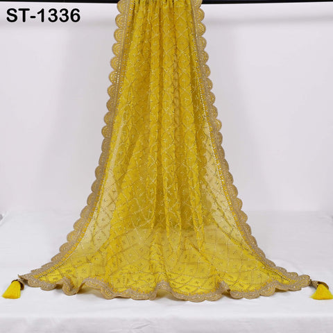 Yellow Organza Embroidered Dupatta with Gold Beads, Bridal Wedding Stole Veil