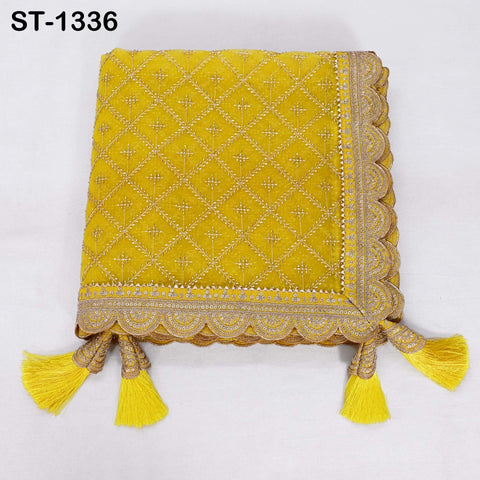 Yellow Organza Embroidered Dupatta with Gold Beads, Bridal Wedding Stole Veil
