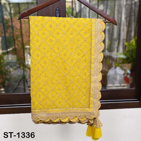 Yellow Organza Embroidered Dupatta with Gold Beads, Bridal Wedding Stole Veil