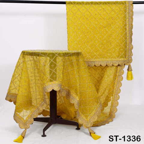 Yellow Organza Embroidered Dupatta with Gold Beads, Bridal Wedding Stole Veil