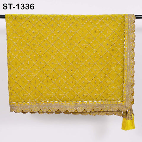 Yellow Organza Embroidered Dupatta with Gold Beads, Bridal Wedding Stole Veil