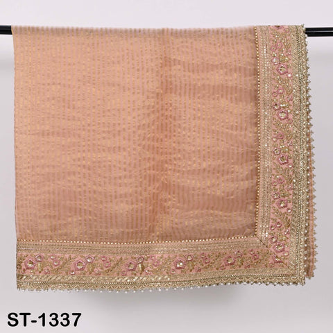 Embroidered Silk Tissue Organza Dupatta: Peach Gold Bridal Wedding Veil Scarf