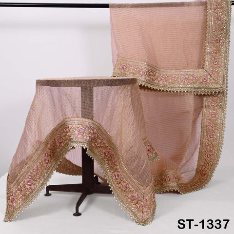 Embroidered Silk Tissue Organza Dupatta: Peach Gold Bridal Wedding Veil Scarf