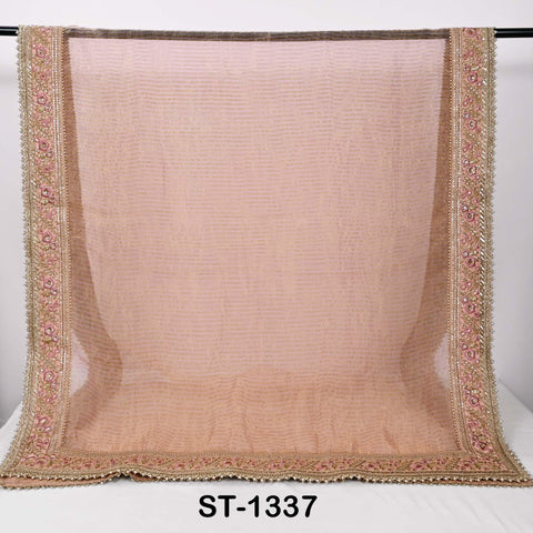 Embroidered Silk Tissue Organza Dupatta: Peach Gold Bridal Wedding Veil Scarf