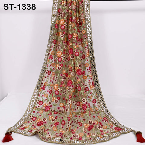 Floral Embroidered Net Dupatta, Mirror Bead Trim Stole, Wedding Veil Chunni