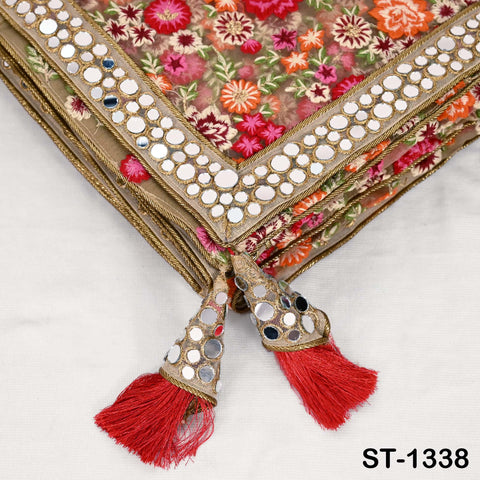 Floral Embroidered Net Dupatta, Mirror Bead Trim Stole, Wedding Veil Chunni