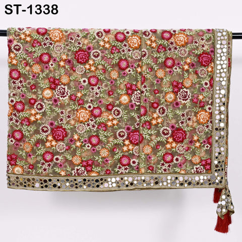 Floral Embroidered Net Dupatta, Mirror Bead Trim Stole, Wedding Veil Chunni