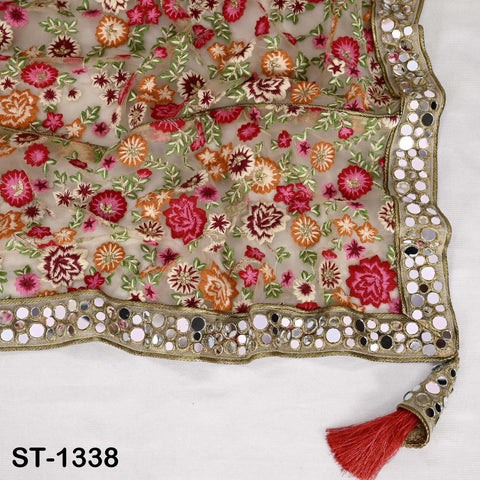 Floral Embroidered Net Dupatta, Mirror Bead Trim Stole, Wedding Veil Chunni