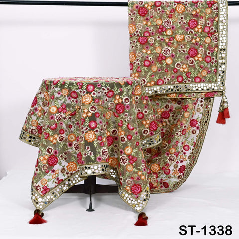 Floral Embroidered Net Dupatta, Mirror Bead Trim Stole, Wedding Veil Chunni