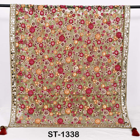 Floral Embroidered Net Dupatta, Mirror Bead Trim Stole, Wedding Veil Chunni