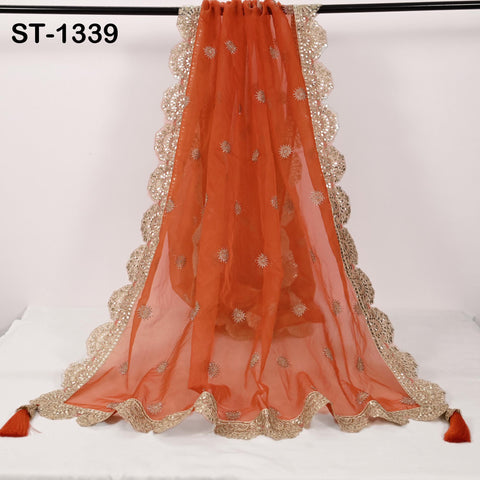 Orange Organza Dupatta with Gota Patti Embroidery and Tassels – Indian Wedding Scarf
