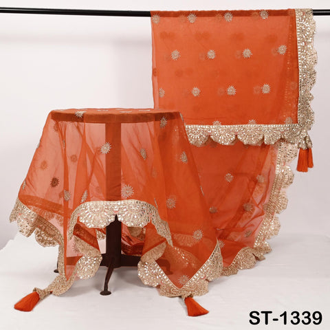 Orange Organza Dupatta with Gota Patti Embroidery and Tassels – Indian Wedding Scarf