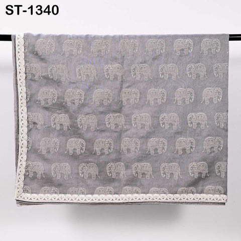 Grey Chanderi Embroidered Elephant Dupatta, Ivory Sequins, Bridal Wedding Chunni Veil