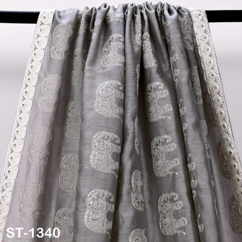 Grey Chanderi Embroidered Elephant Dupatta, Ivory Sequins, Bridal Wedding Chunni Veil